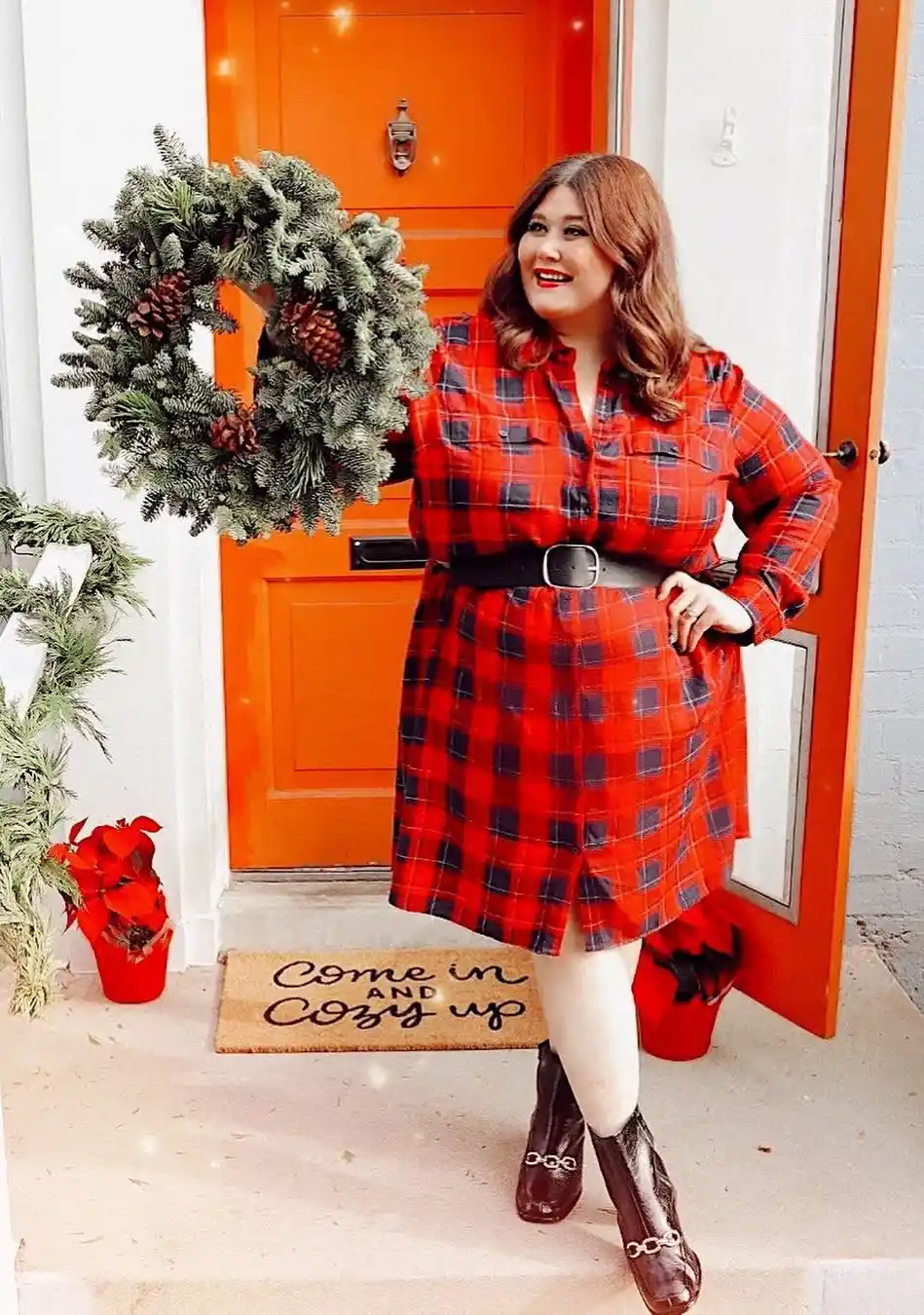 Plus Size Rustic Plaid and Belted Seasonal Outfit
