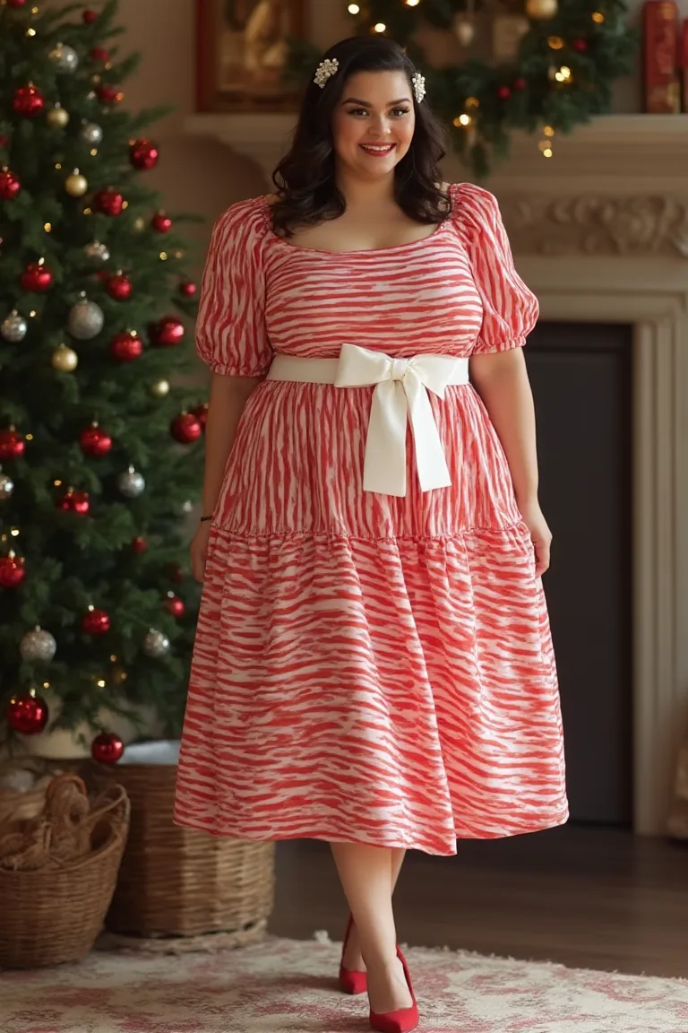 Plus Size Whimsical Striped and Bow Seasonal Outfit