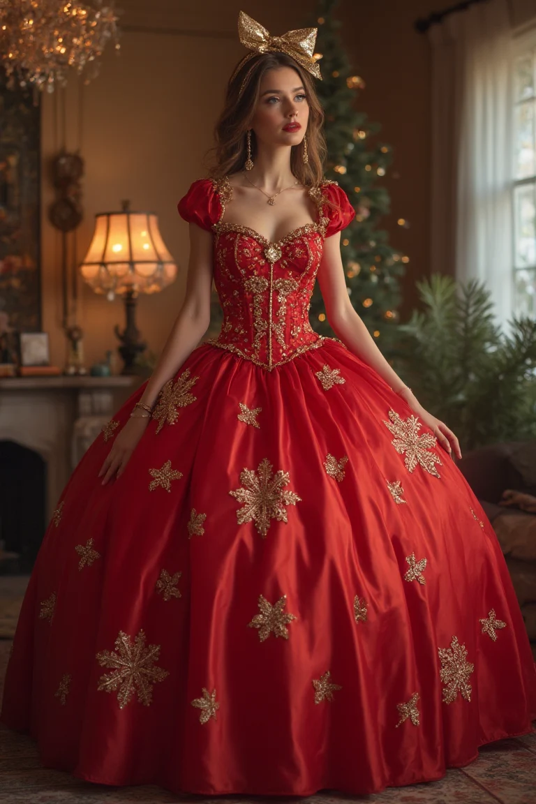 Regal Red Meets Snowy Seasonal Ballgown Brilliance