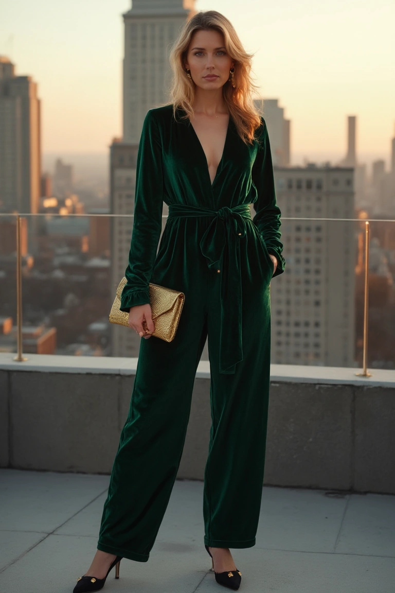 City Sleek The Velvet Green Jumpsuit Christmas Outfit