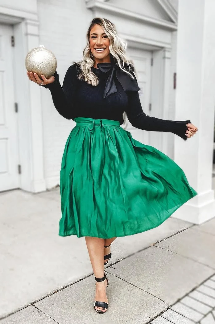 Twirl-Worthy Classic Green Midi Skirt Christmas Outfit