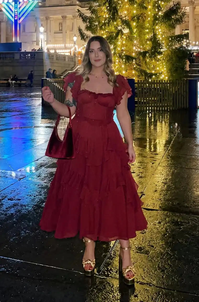 Festive Elegance A Red Ruffled Christmas Holiday Dress 